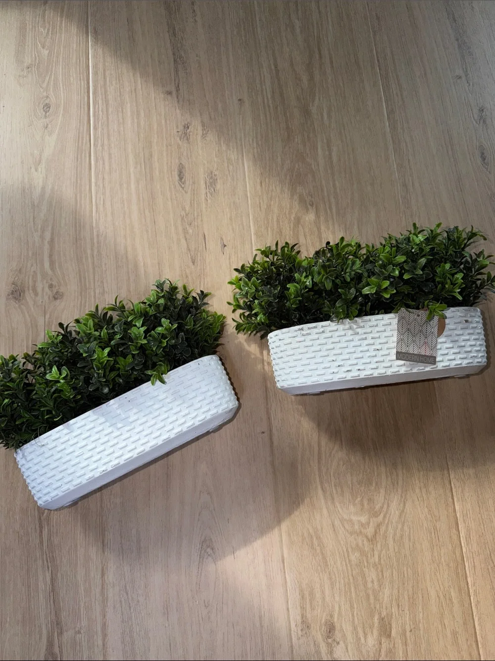 Modern Home 2 White Woven Planter with Lush Green Faux Boxwood